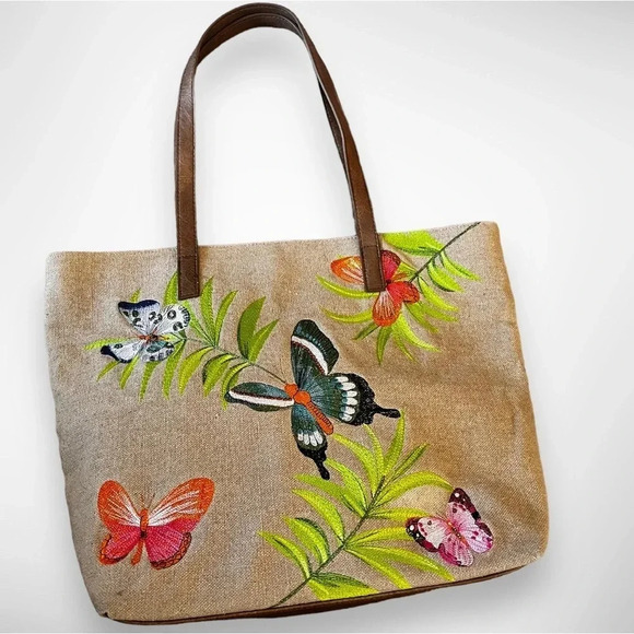 BUENO Embroidered Butterfly Large Tote‎ With Leather Straps and Bottom | EUC - Picture 2 of 10